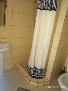 einen Duschvorhang im Bad mit Waschbecken in der Unterkunft Fiesta in Solotwyno
