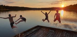 a group of people jumping into a body of water at Hjortö Stugor & Stockhus in Ödkarby