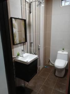 a bathroom with a sink and a toilet and a mirror at Damai D Homestay in Kangar