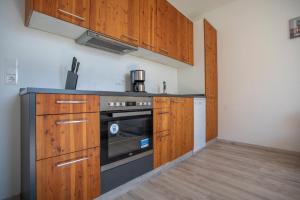 kuchnia z drewnianymi szafkami i czarnym piekarnikiem w obiekcie Apartment in the City Center w mieście Innsbruck