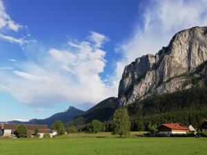 a village in a field with mountains in the background at Am Mondseeblick in Mondsee
