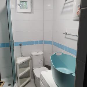 a bathroom with a toilet and a blue sink at Planinska kuća sa dvorištem in Zlatibor +52 photos