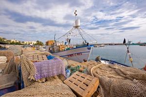 a boat is docked at a dock with nets at Apartamento Blue Garrucha in Garrucha