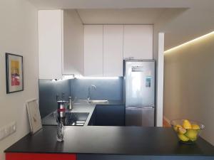kuchnia z czarnym blatem i lodówką w obiekcie Vivienda Bendicho- CATEDRAL w mieście Almería +11 zdjęć