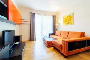a living room with a couch and a tv at Daukanto Sun Apartment in Palanga
