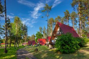 uma casa com um telhado vermelho numa floresta em Ośrodek Wypoczynkowy Kalwa em Pasym