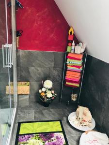 a bathroom with a shower and a shelf with towels at Appartment Ivonete in Wettringen