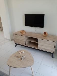 a living room with a tv and a coffee table at Deaspoina Apartments in Nea Roda