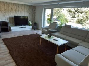 a living room with couches and a tv and a table at Fewo Traumblick in Kreuzwertheim