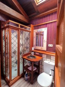 Santa María la Real de NievaにあるLA CASA DEL BUHOのトイレ、洗面台、鏡のあるバスルーム +21枚の写真