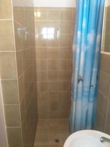 a shower with a blue shower curtain and a toilet at Guest House Silvia in Rab +44 photos