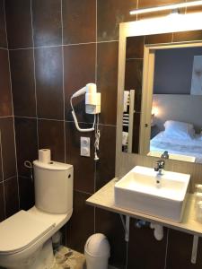 a bathroom with a toilet and a sink and a mirror at Hôtel Du Viaduc in Tarascon
