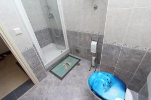 ein Badezimmer mit Dusche und blauem Waschbecken in der Unterkunft Apartment Nautica in Novigrad Istria