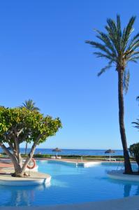 una piscina con palmeras y una playa en Alcazaba Beach Luxury Apartment02 Estepona, en Estepona