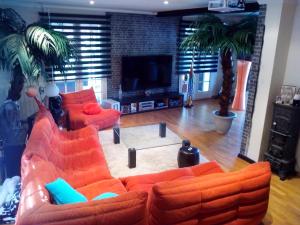 sala de estar con 2 sofás naranjas y TV en Moderne Home original design en Haguenau