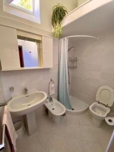 ein Bad mit einem Waschbecken, einem WC und einer Dusche in der Unterkunft Bambiniello in Anacapri