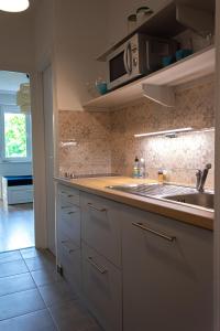 a kitchen with a sink and a microwave at Helikon 31 Apartman Keszthely in Keszthely