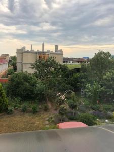 a view of a garden with a building in the background at Kuchonka in Chornomorsk