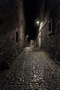 an empty alley way at night with a street light at Hospedaje Octavio in Santillana del Mar