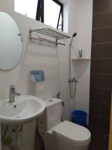 a bathroom with a toilet and a sink and a mirror at Ng Family’s Farm Stay in Cameron Highlands