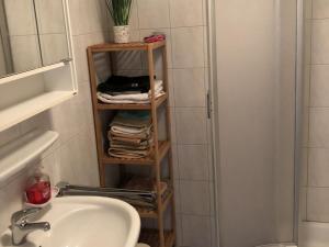 a bathroom with a towel rack next to a sink at Ferienwohnung Tetto Piccolo in Bad Säckingen