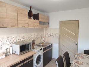 a kitchen with a washing machine and a microwave at Apartament Diana in Jurilovca