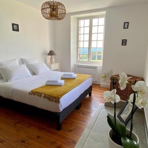 a bedroom with a bed and a large window at Domaine de Cazal - Gîte 4 pers avec piscine au cœur de 26 hectares de nature préservée in Saint-Cyprien