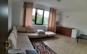 ein Wohnzimmer mit einem Sofa und einem großen Fenster in der Unterkunft Natalia Guesthouse in Sărata-Monteoru