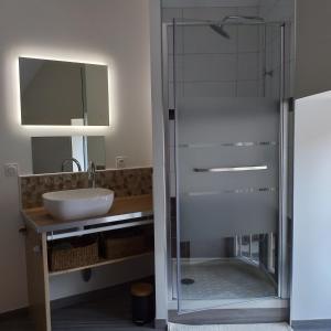 a glass shower in a bathroom with a sink at Le Cottage de L Abbaye in Lonlay-lʼAbbaye