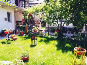 a yard with chairs and tables and plants at Casa Razvan Vama Veche in Vama Veche