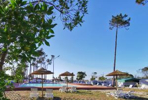 uma piscina com cadeiras e guarda-sóis em Mira Lodge Park na Praia de Mira