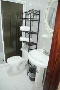 a bathroom with a toilet and a sink at Hotel Posada Doña Rubino in Mazatlán