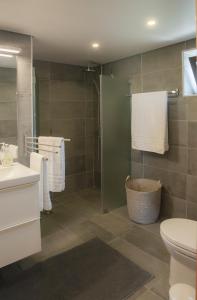 un bagno con doccia, lavandino e WC di Casas d'Oliva a Caramulo Altre 24 foto