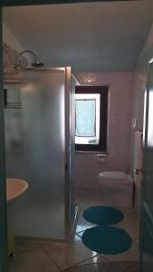 a bathroom with a shower and a toilet and a window at appartamento La Palma in Posada