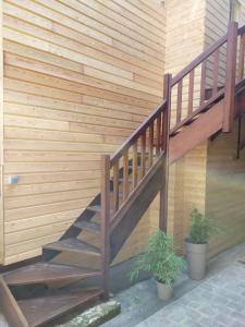 a wooden staircase next to a wooden wall with two plants at 1 Emplacement Parfait ! 150m de la mer et de la rue Piétonne in Dieppe