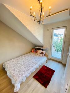 a bedroom with a bed and a large window at Dviejų kambarių butas in Palanga +68 photos