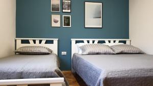 two beds in a room with blue walls at Lovely Private Flats FREE parking in Novi Sad