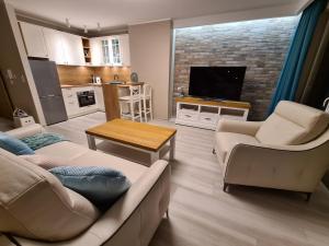a living room with two couches and a tv at Apartament Blue Bay Jantar in Jantar