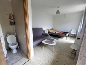uma sala de estar com um sofá e um WC em Poilsis Dzūkų 10 A em Palanga