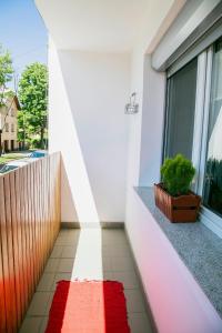 - un balcon avec un tapis rouge au sol dans l'établissement Best Apartment, à Tarnów