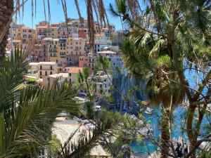 a view of a city with buildings and palm trees at Casa Mafalda in Manarola +17 photos