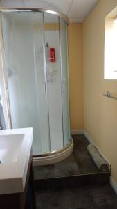 a bathroom with a shower and a sink at Au Domaine Sous un Ciel Etoilé in Woburn