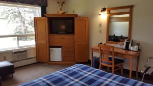 Dormitorio con cama, escritorio y TV en Pines Motel en Hinton