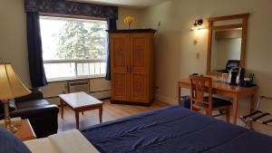a bedroom with a bed and a desk and a window at Pines Motel in Hinton