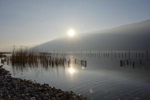 un lago nebbioso con il sole che si riflette nell'acqua di Hotel De La Gare ad Aix-les-Bains