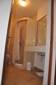 ein Bad mit einer Dusche, einem Waschbecken und einem Spiegel in der Unterkunft Poveste in Transilvania in Sighişoara
