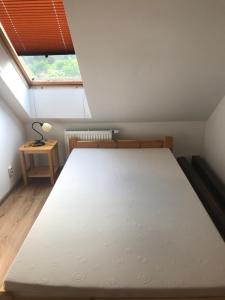 Bett in einem Zimmer mit Fenster in der Unterkunft Pri Hrade in Liptovský Hrádok