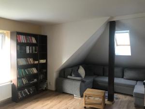 ein Wohnzimmer mit Sofa und Bücherregal in der Unterkunft Pri Hrade in Liptovský Hrádok
