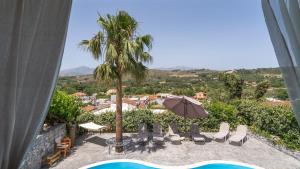 vistas a un patio con una palmera y una piscina en Dryades Villa en Arménoi