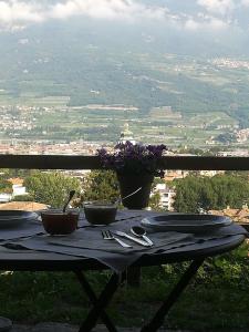 a picnic table with two bowls and flowers on it at DOLCE DORMIRE in Rovereto